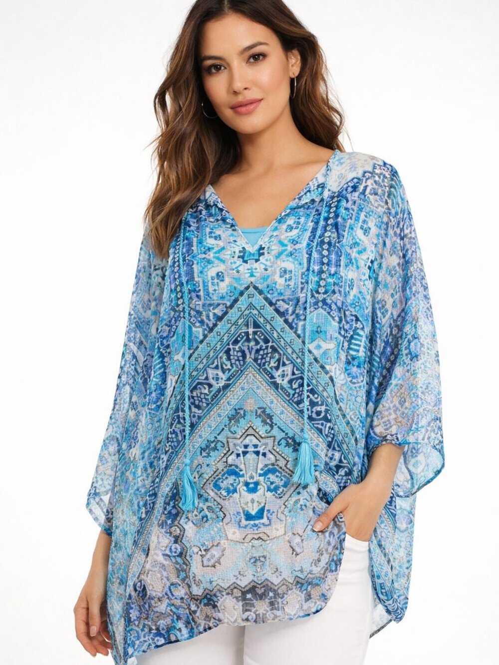 Rose & Olive Sheer Turquoise Print Kimono Style Blouse with Cami Size Large